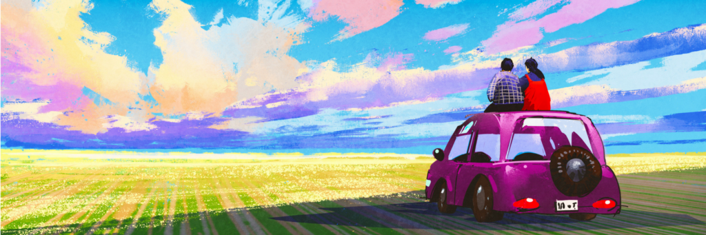 Painting of couple who are best friends sitting on the roof of a car watching the sunset