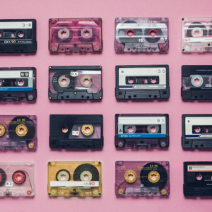 A series of cassette tapes against a pink background.