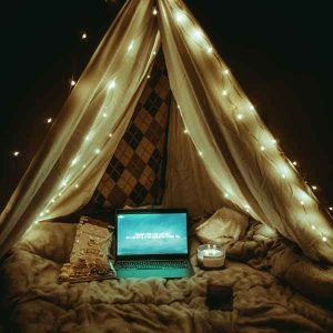 A tent with fairly lights inside the house with a laptop playing a movie.