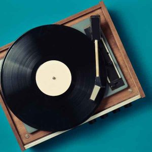 A record player on a blue background