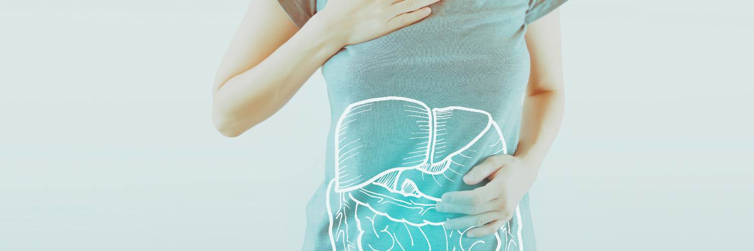 A persons torso with graphics of organs