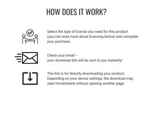 Illustration of two people shaking hands, with icons representing a checkmark for license selection, an envelope for email confirmation, and a download symbol for product access.