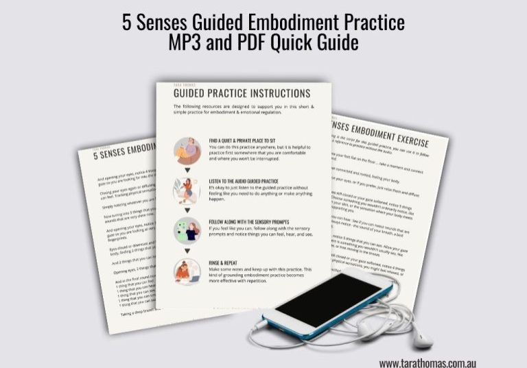 Fanned pages of the PDF quick guide next to an iPhone with headphones, representing the 5 Senses Guided Embodiment Practice MP3 and downloadable PDF.