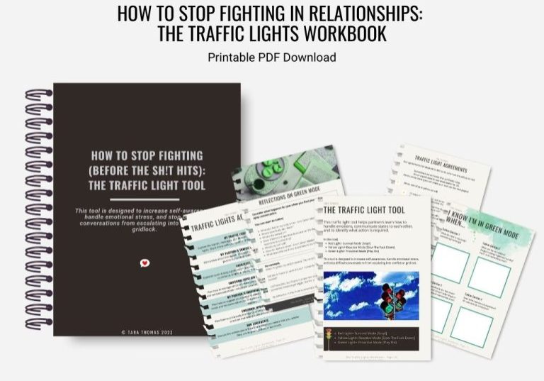 Spiral-bound version of the eBook How to Stop Fighting in Relationships, with fanned pages visible.