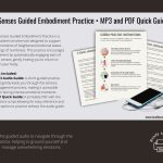 Main image featuring fanned pages of a PDF quick guide alongside an iPhone with headphones, with text describing the 5 Senses Guided Embodiment Practice MP3 and downloadable PDF.
