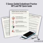 Fanned pages of the PDF quick guide next to an iPhone with headphones, representing the 5 Senses Guided Embodiment Practice MP3 and downloadable PDF.